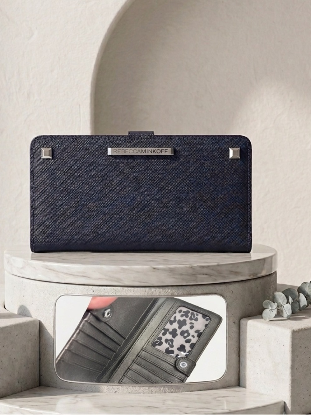 Rebecca Minkoff Navy Studded Saffiano Leather Continental
Wallet 8x4